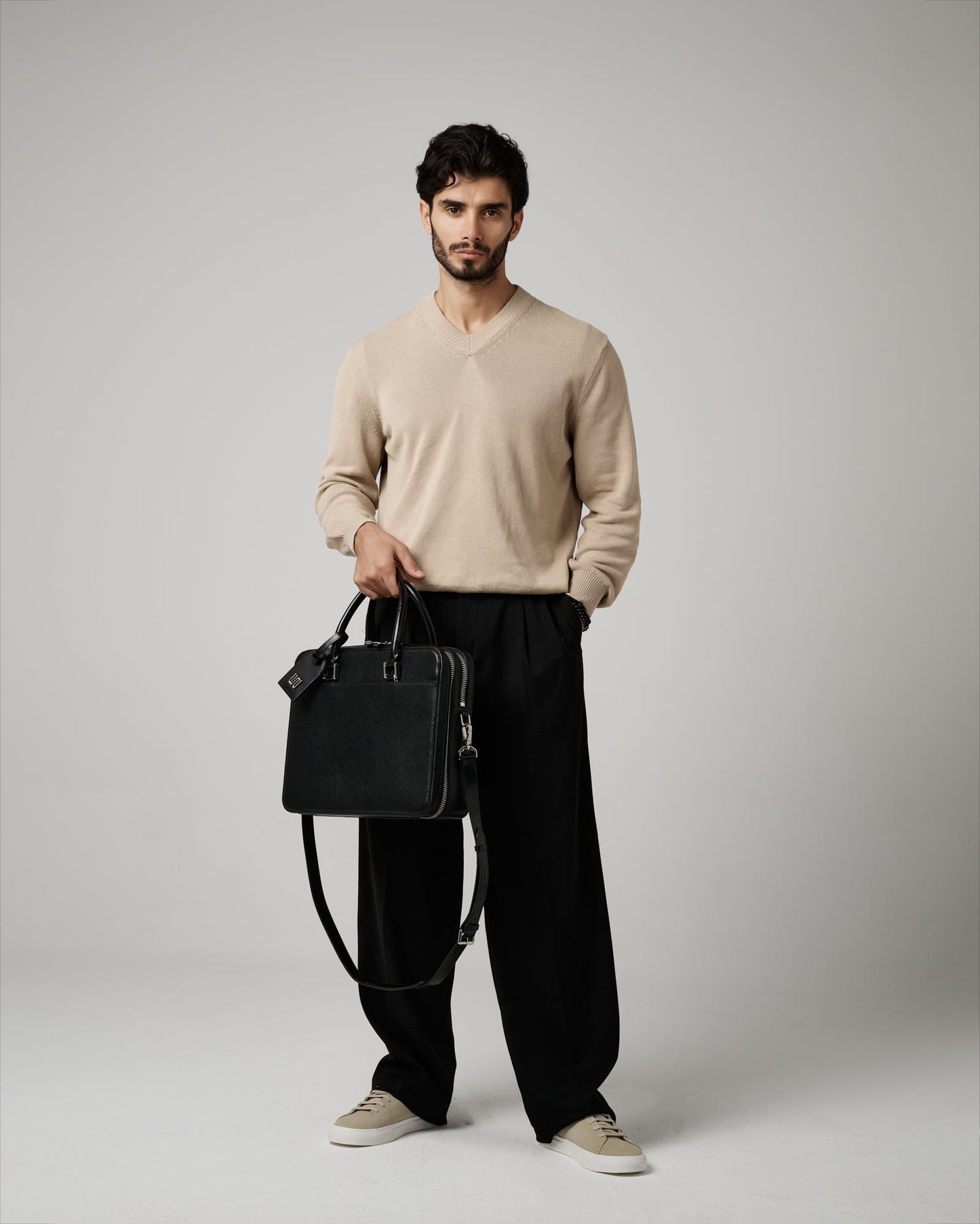 Jasper Noir briefcase in matte black pebbled leather