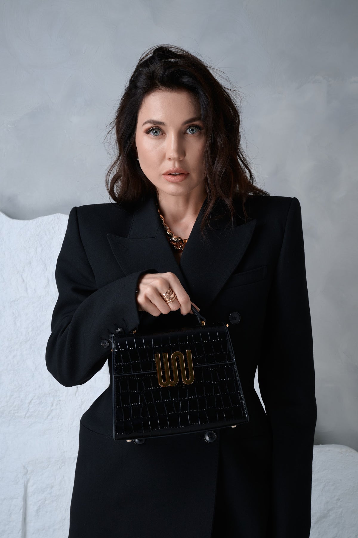 White Noise The Label Bronzite Noir satchel, styled editorial detail