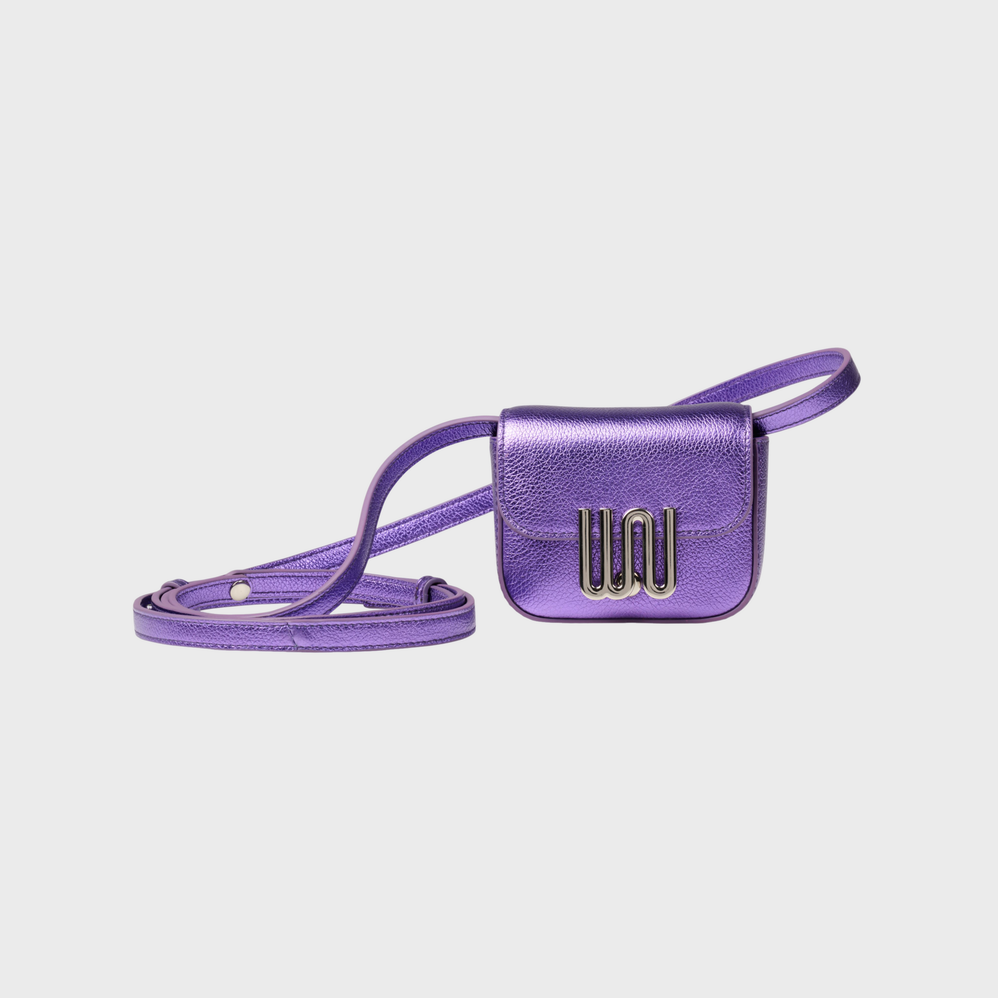Purple handbag with a strap on a light gray background