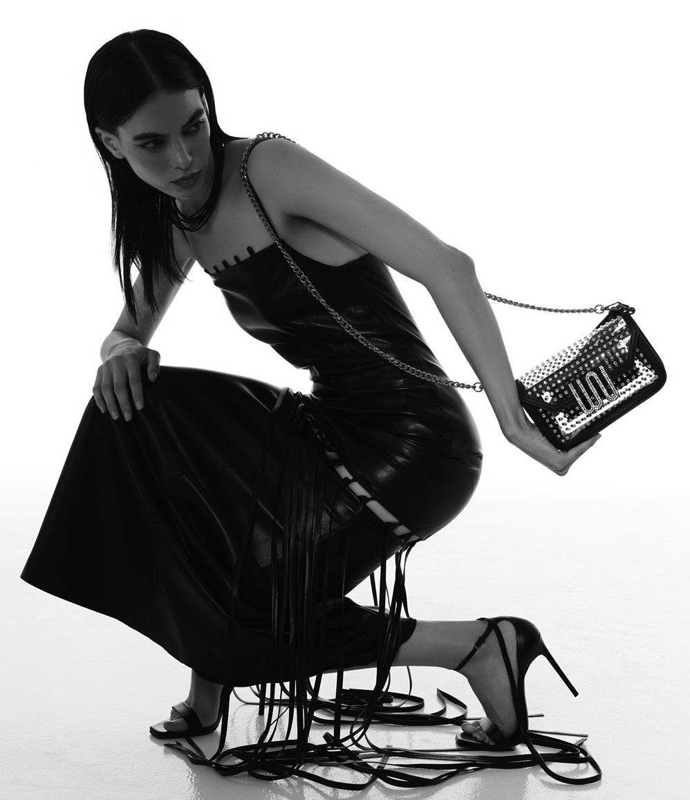 Amber Noir handle bag in deep matte leather with hand-applied crystals