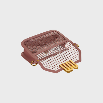 Pink handbag with gold accents on a light gray background