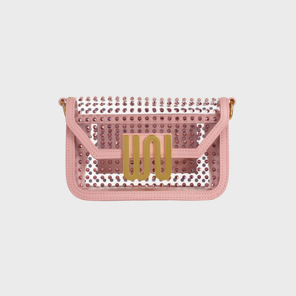 Amber Rose crossbody bag in soft rose leather with crystal embellishments