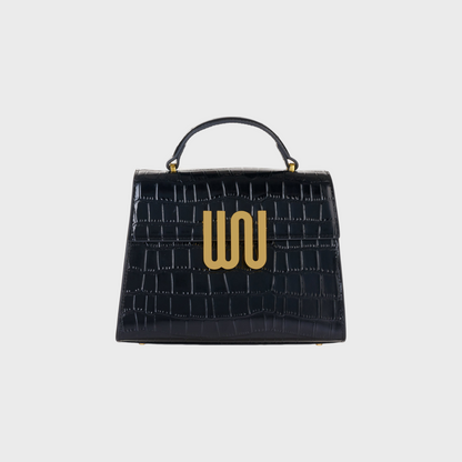 Bronzite Noir top handle bag in black croc leather