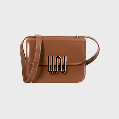 Brown handbag with a gold clasp on a light gray background