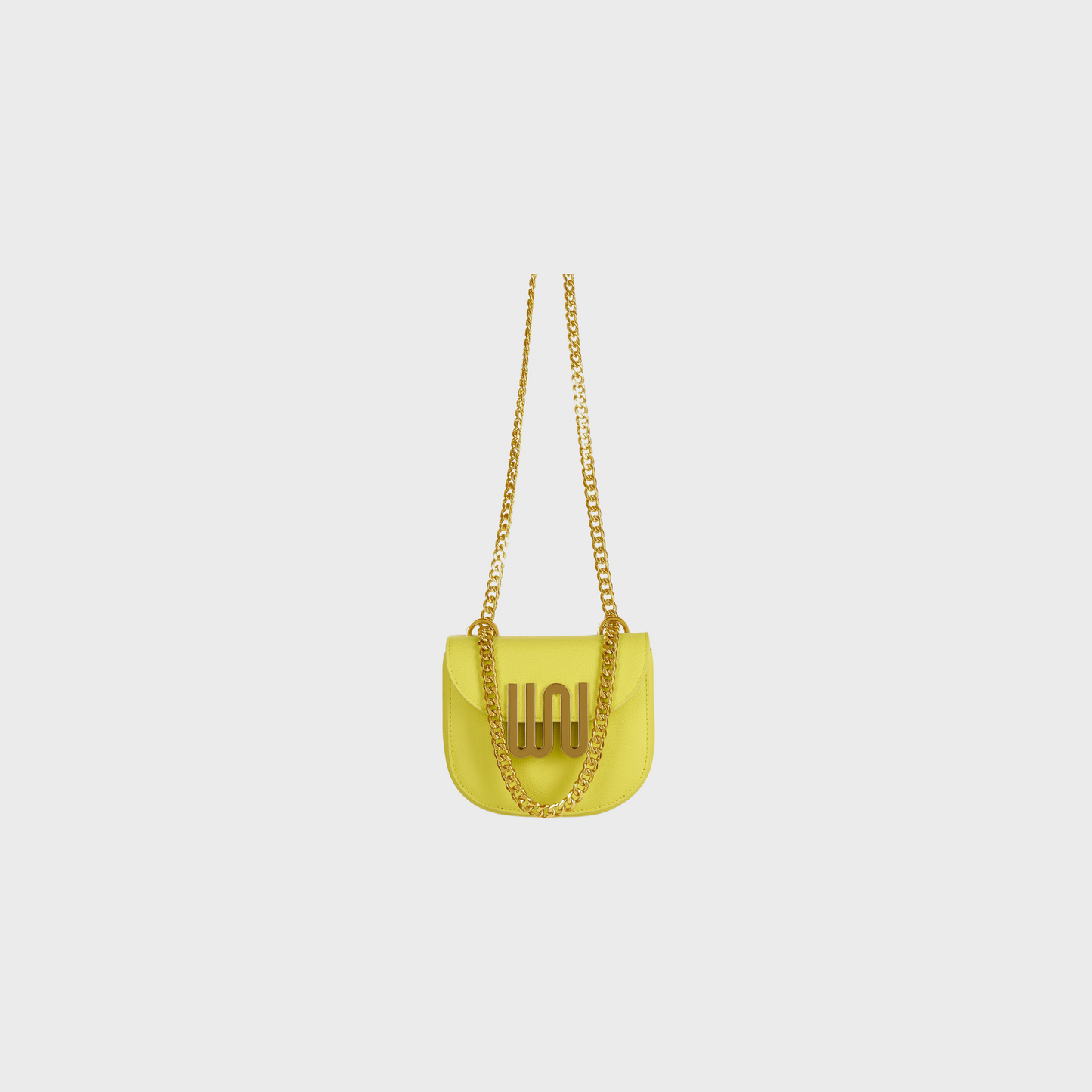 Yellow handbag with gold chain on a light gray background