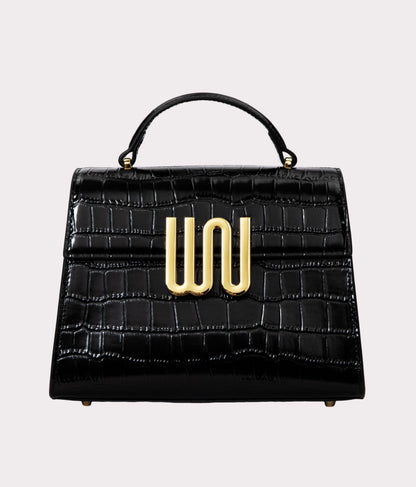 Bronzite Noir top handle bag in deep matte black with hand-embossed crocodile texture