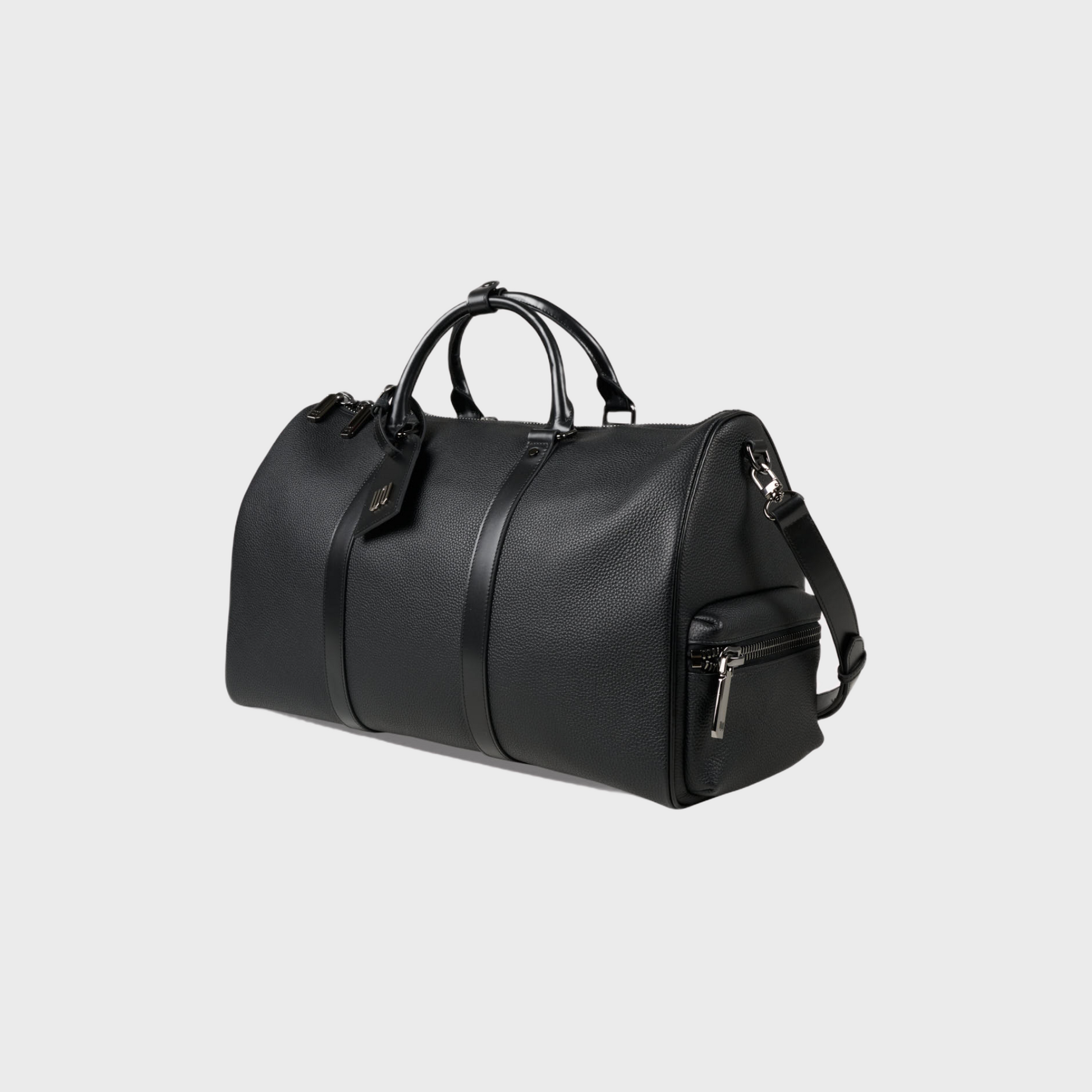 Black leather duffel bag on a light gray background