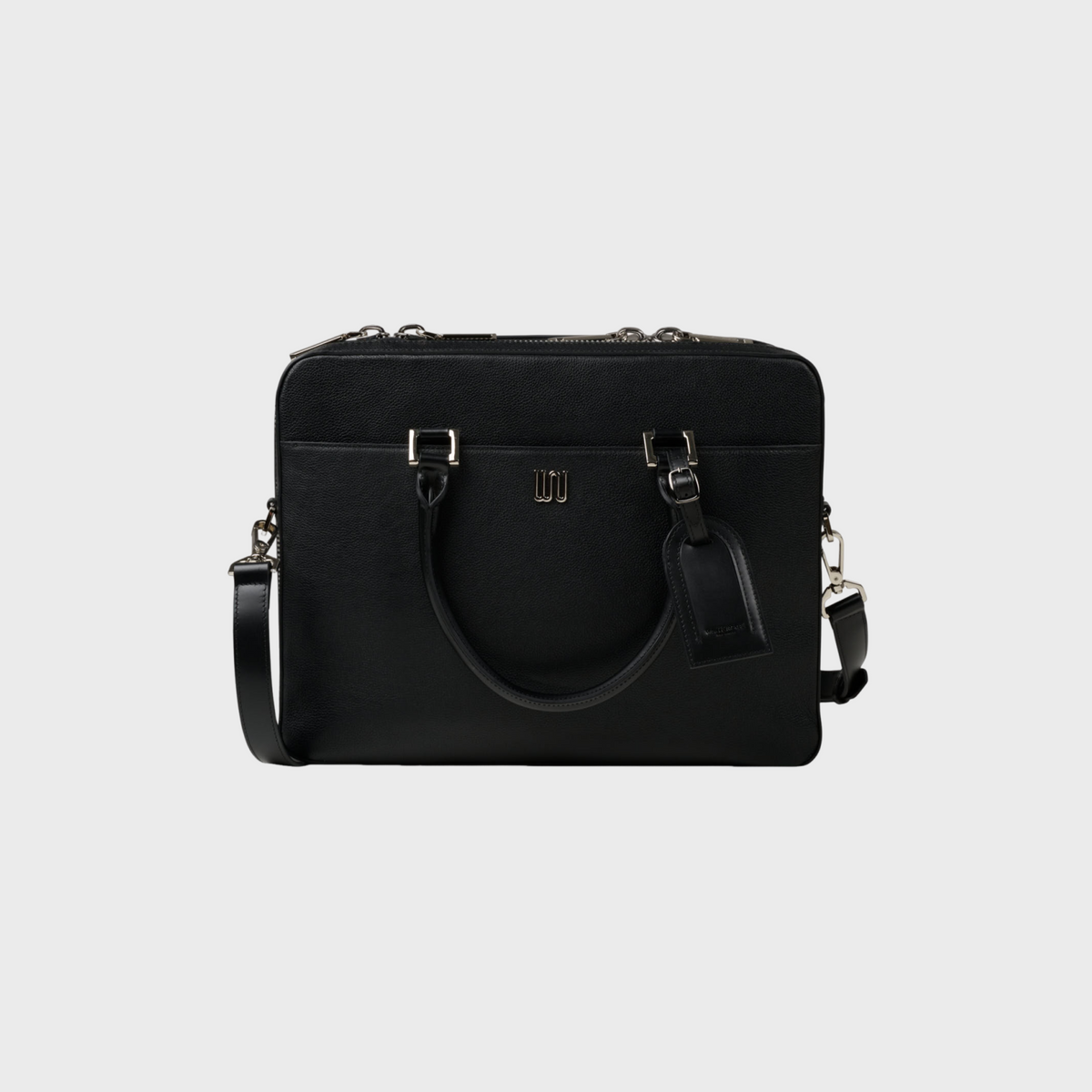 Black handbag on a light gray background