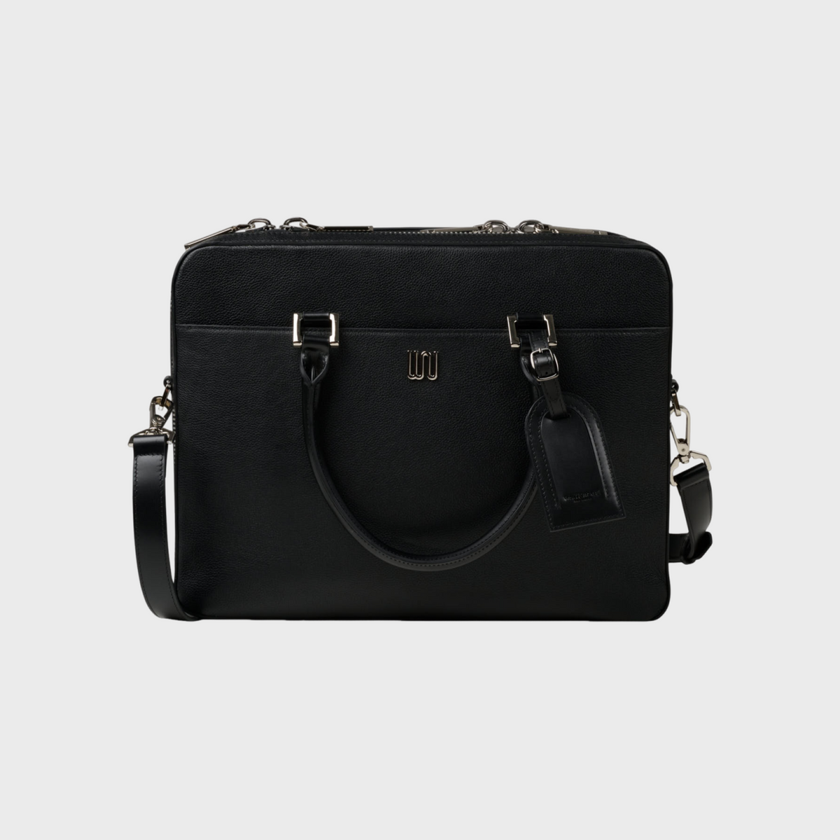 Black handbag on a light gray background