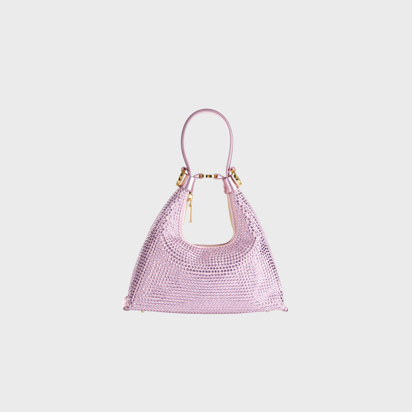 Pink woven handbag on a light gray background