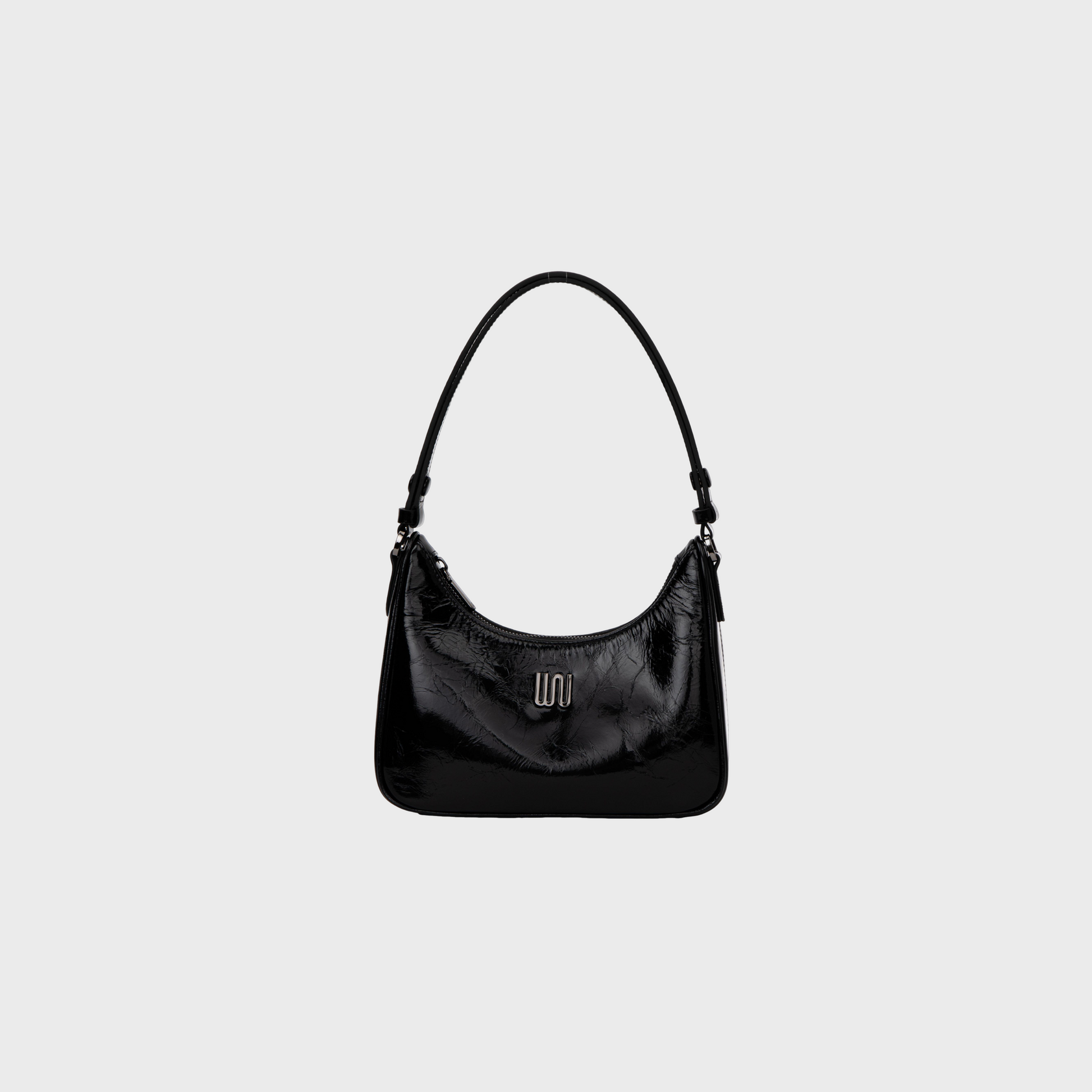 Onyx Noir hobo bag in glossy black patent leather