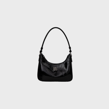 Onyx Noir hobo bag in glossy black patent leather