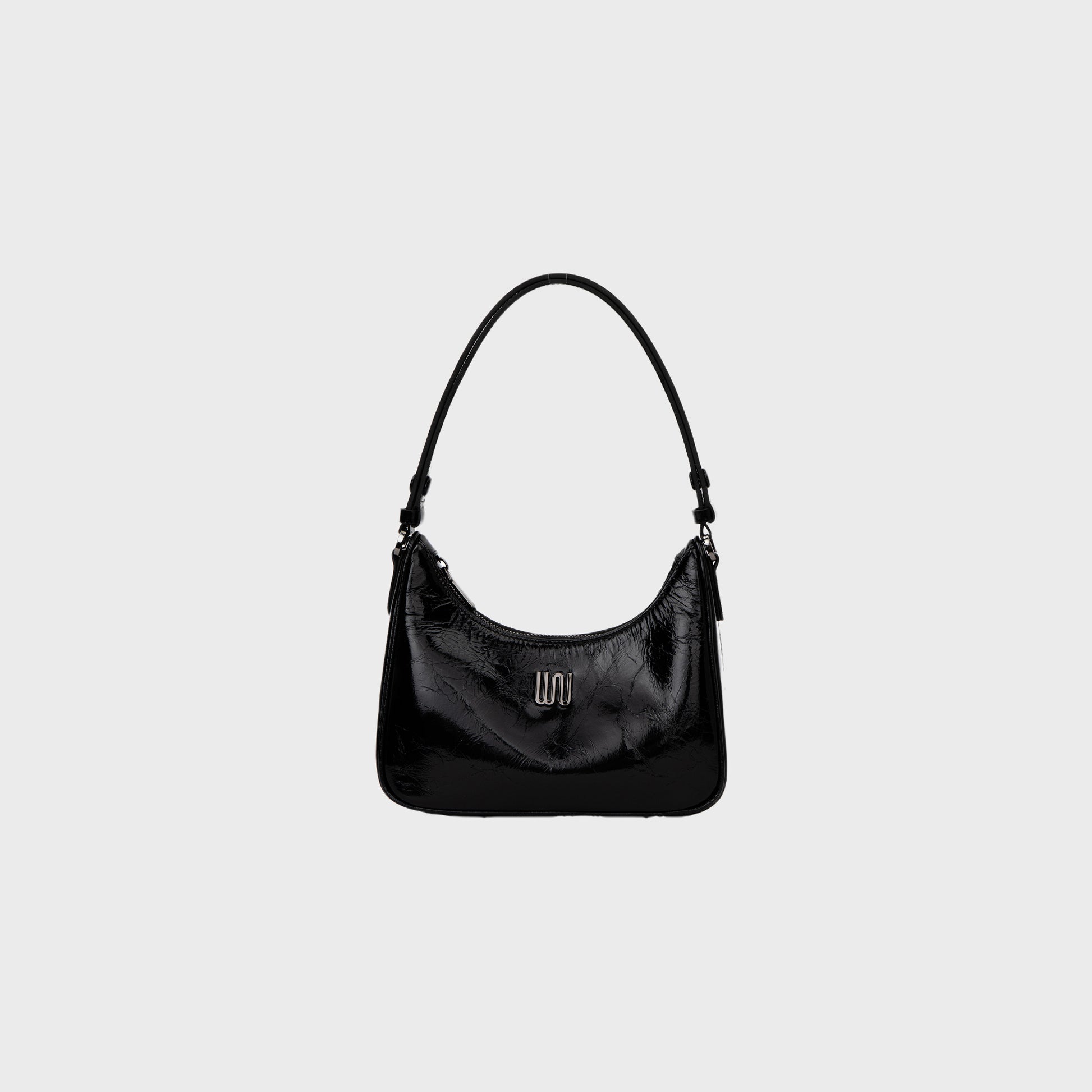 Onyx Noir hobo bag in glossy black patent leather