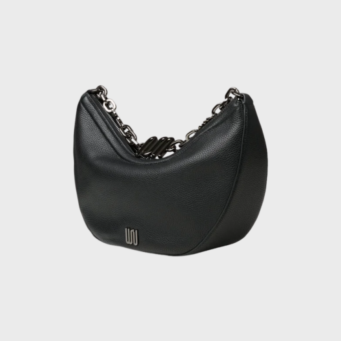 Black handbag with chain detail on a light gray background