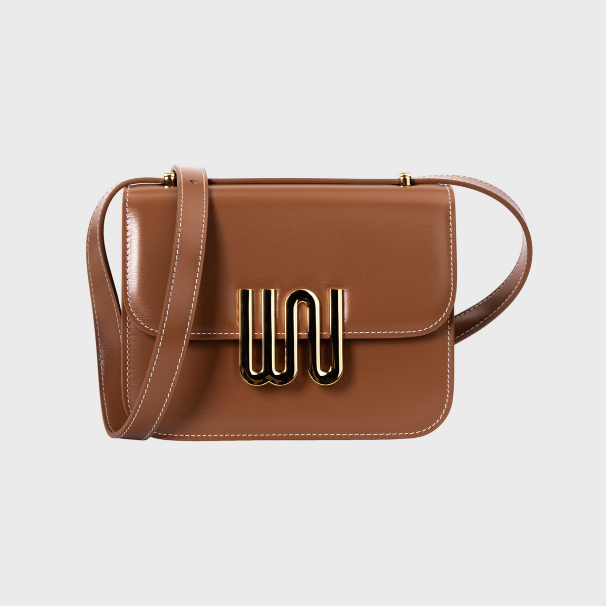 Brown handbag with a gold clasp on a light gray background