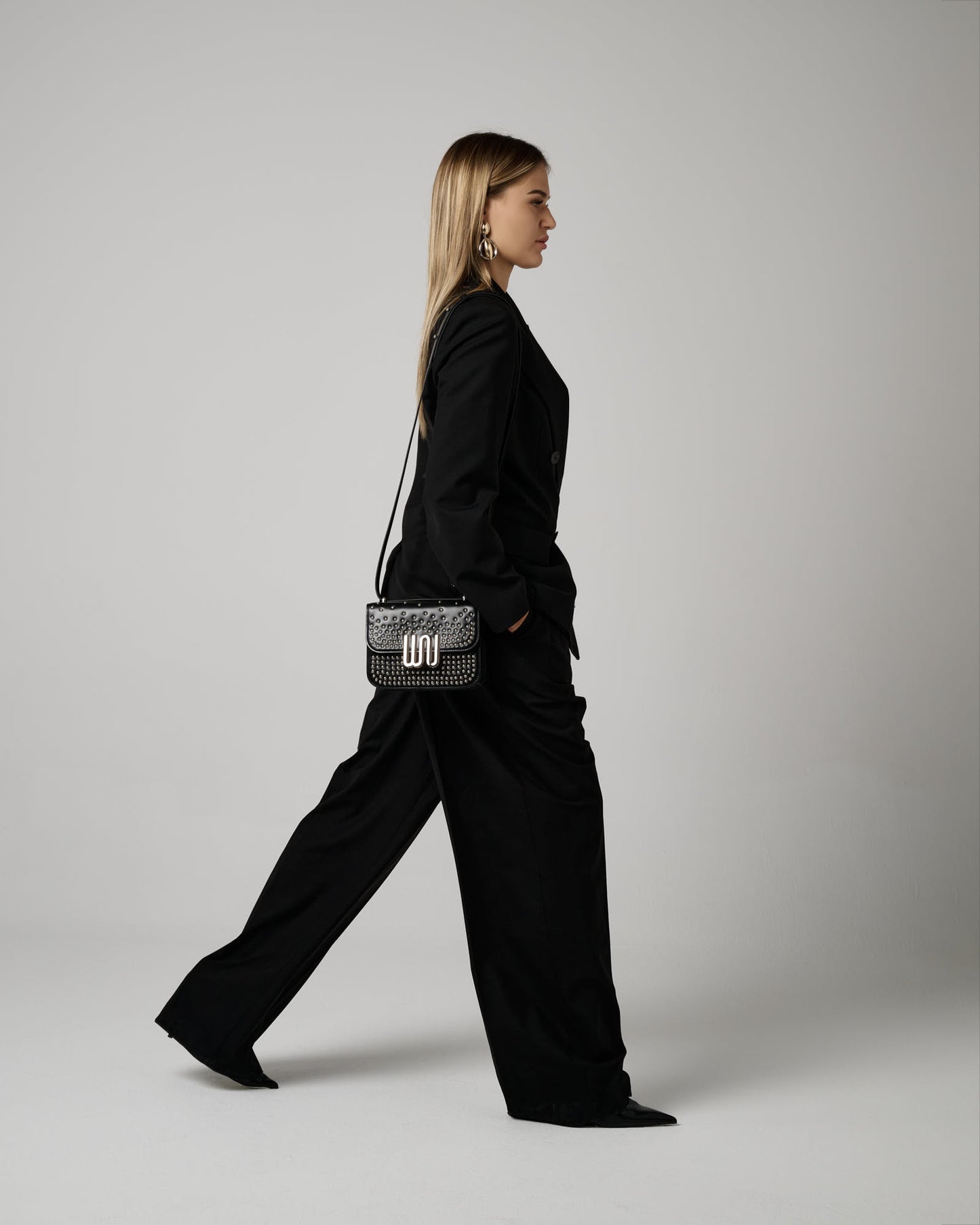 Pyrite Noir Studded shoulder bag in black leather