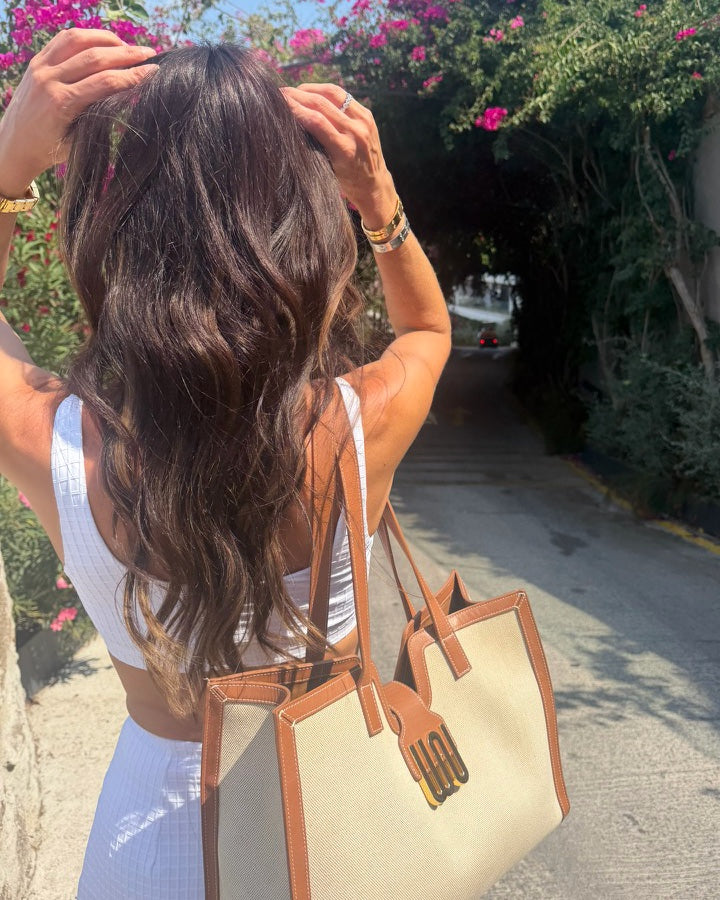 Tugba Dogan, founder of White Noise The Label, with the Obsidian Honey tote