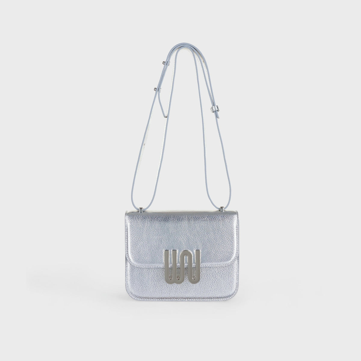 White Noise The Label Pyrite Sleek Silver crossbody, front view with strap